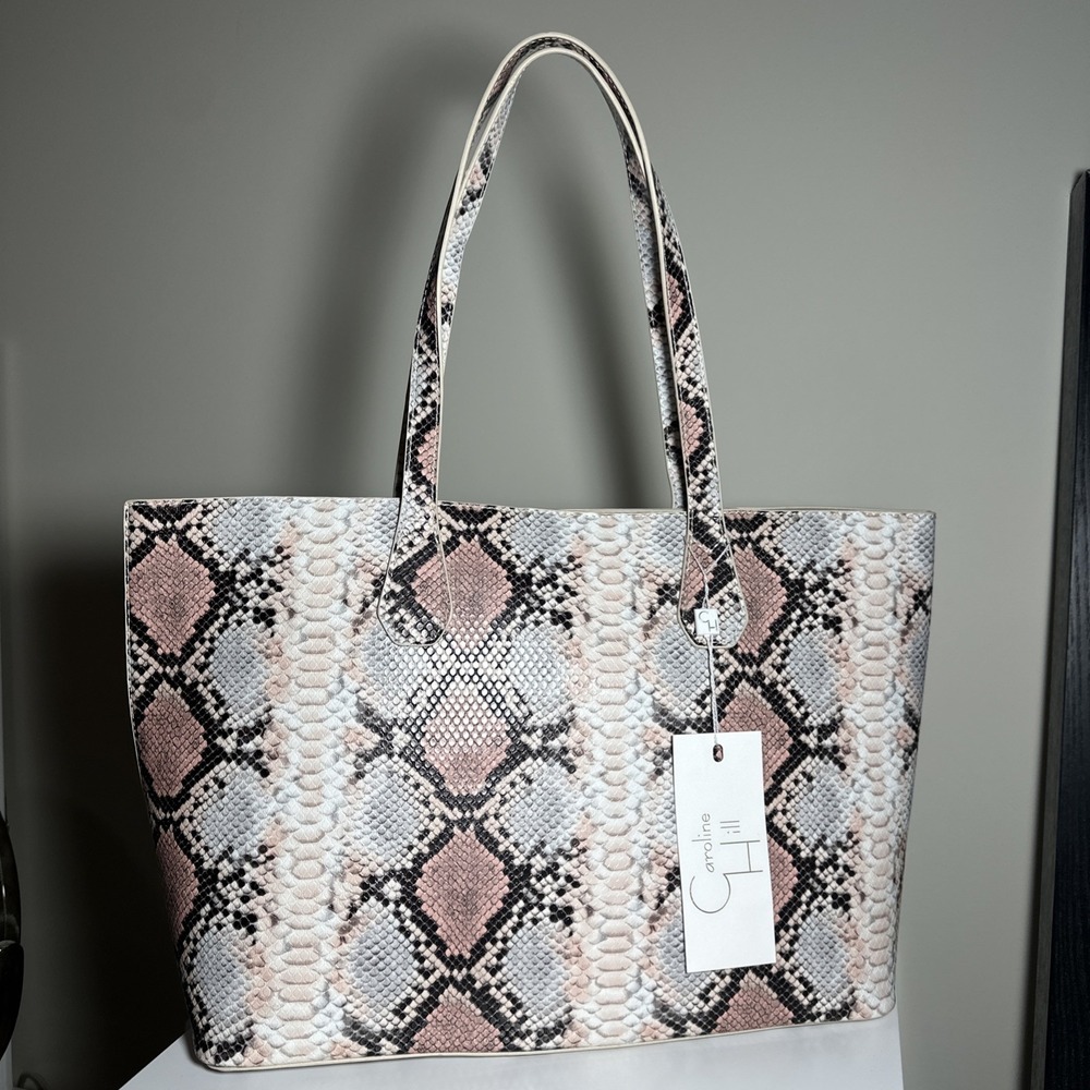 Caroline Hill Muted Multicolor Tote‎ Bag Snake Print Peach Gray Magnetic Closure